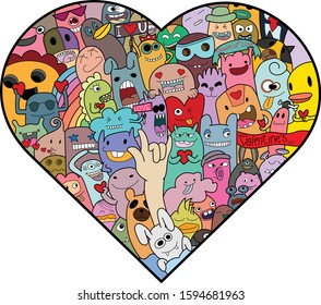 Doodle monster  hand drawn  vector illustration.Valentine's day greeting card. Cute cartoon characters with red hearts.