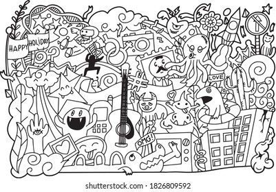 Doodle monster  hand drawn vector illustration coloring. Valentine's day greeting card. Cute cartoon characters with red hearts.