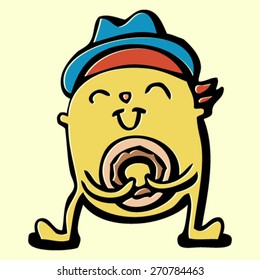 doodle monster, happy smiling creature in hat with donut, colorful crazy character, isolated design element