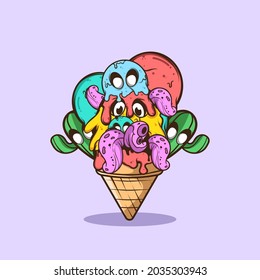 DOODLE MONSTER ICE CREAM CONE ILLUSTRATION