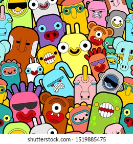 Doodle monster pattern seamless Color. Cartoon character background. vector texture