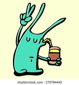 doodle monster, rabbit with coffee cup, colorful crazy character, isolated design element