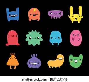 Doodle monster set. Colorful little funny cute kawaii monster character vectors.