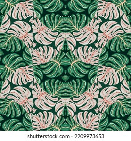 Patrón ininterrumpido de mosaico de Doodle monstera. Papel de paredes sin fin en hojas botánicas. Baldosas creativas de hojas de palma. Diseñado para el diseño de tejidos, impresión textil, envoltura, cubierta. Ilustración del vector