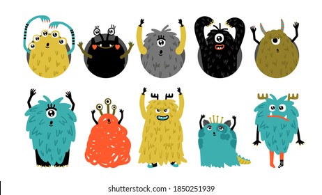 Doodle monsters. Cartoon cute angry characters, kids party hurry avatars vector set