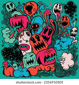 Doodle monsters in the form of animals and people. Monsters and many other monster coloring pages in the style of ominous aura. Chic urban art, colorful and chic