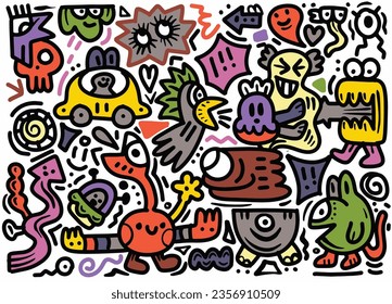 Doodle monsters in the form of animals and people. Monsters and many other monster coloring pages in the style of ominous aura. Chic urban art, colorful and chic