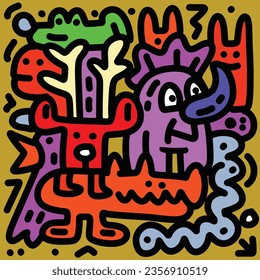Doodle monsters in the form of animals and people. Monsters and many other monster coloring pages in the style of ominous aura. Chic urban art, colorful and chic