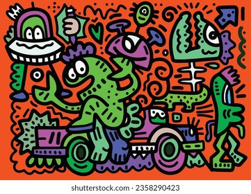 Doodle monsters in the form of animals and people. Monsters and many other monster coloring pages in the style of ominous aura. Chic urban art, colorful and chic