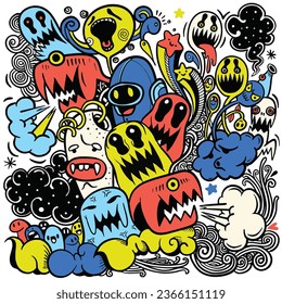 Doodle monsters in the form of animals and people. Monsters and many other monster coloring pages in the style of ominous aura. Chic urban art, colorful and chic