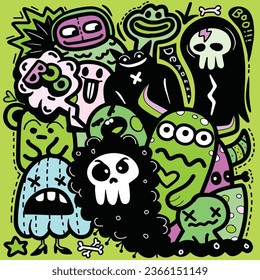 Doodle monsters in the form of animals and people. Monsters and many other monster coloring pages in the style of ominous aura. Chic urban art, colorful and chic