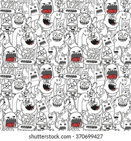 Doodle monsters seamless pattern in black and white colors.