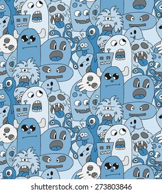 Doodle monsters seamless pattern in blue colors.