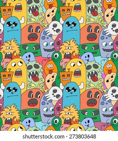 Doodle monsters seamless pattern in bright colors.