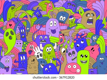Doodle monsters seamless pattern in bright colors.