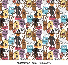 Doodle monsters seamless pattern in bright colors. Ornament for textiles, packaging paper and background.