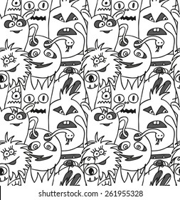 Doodle monsters seamless pattern. Monocromatic vector image