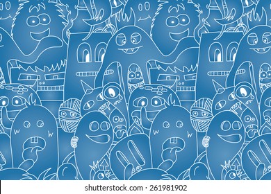 Doodle monsters seamless pattern. Monocromatic vector image