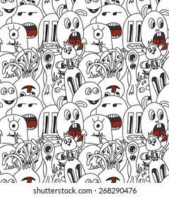 Doodle monsters seamless pattern. Monocromatic vector image