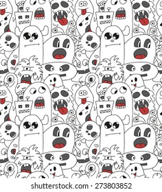 Doodle monsters seamless pattern. Monocromatic vector image