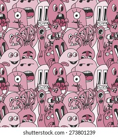 Doodle monsters seamless pattern in purpur colors.