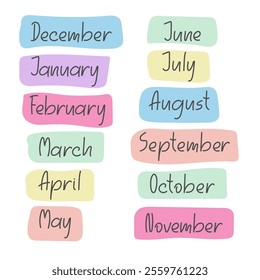 Doodle months of the year lettering. Handwritten Playful Month Names. Elements for calendar, planner, organizer, poster, bullet journal, scrapbooking Design