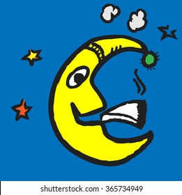 doodle moon smokes marijuana joint, vector illustration icon
