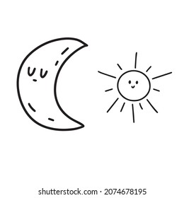 doodle moon and sun with face illustration isolated