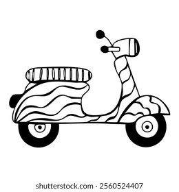 Doodle moped with wavy, abstract patterns on its body and seat. Hand drawn bike vector illustration