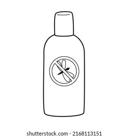 Doodle Mosquito repellent. Pocket spray with a mosquito blocked by a forbidding sign. Insecticide for camping, hiking, traveling. Outline black white vector illustration isolated on a white background