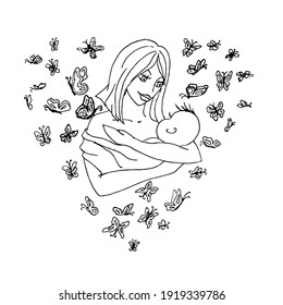 Doodle mother and child around the butterflies flutter on a white background.Vector composition can be used in festive designs for mother's Day, child protection, postcards,textiles.