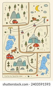 Doodle Mountain Lake Rustic Road Map. Vector hand drawn illustration for print design, poster