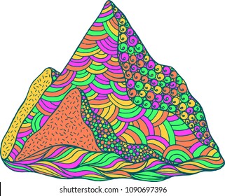 Doodle mountain. Psychedelic colored cartoon art. Vector illustration.