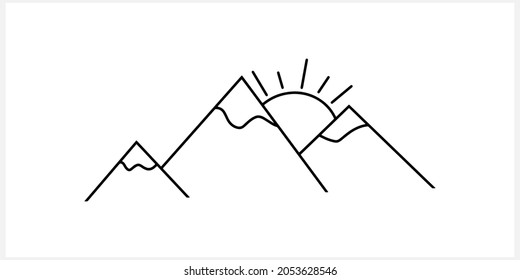 Doodle mountain with sun icon isolated. Hand drawing line art. Sketch vector stock illustration illustration. EPS 10