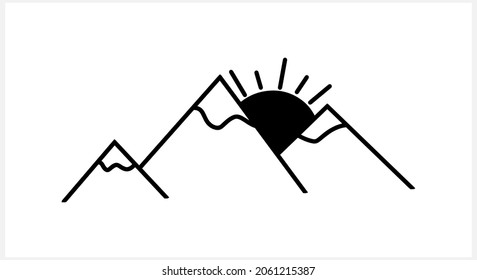 Doodle Mountain With Sun Icon Isolated. Hand Drawing Line Art. Sketch Vector Stock Illustration Illustration. EPS 10