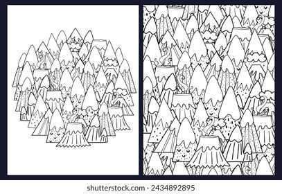 Doodle mountains coloring pages set. Black and white fantasy nature templates bundle. Whimsical outline background. Vector illustration