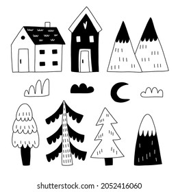 Doodle mountains houses and trees. Black line hand drawn scandinavian style forest landscape. Scandi simple design objects, kids posters and nursery decor , vector isolated on white background 