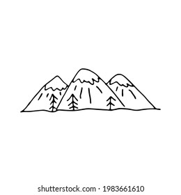 Montañas Doodle. Aislado en el plano de fondo blanco para impresiones, afiches, papel lindo, diseño de viajes. Vector dibujado a mano. Camping
