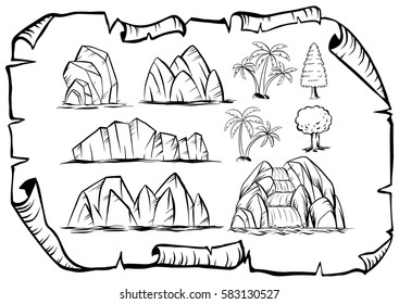 Doodle mountains and trees on paper illustration