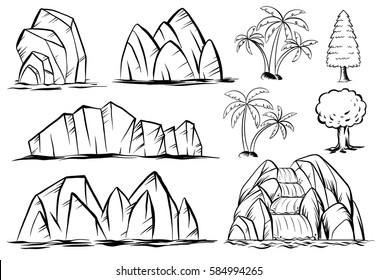 Doodle mountains and trees on white illustration