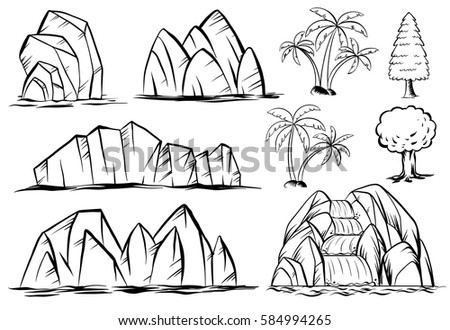 Doodle mountains and trees on white illustration
