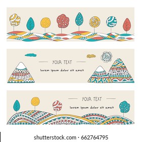 Doodle mountains, trees, sun and hills. Horizontal banners set. Stylish, hand drawn illustrations. Vector templates decorated in doodle style. Colorful, cartoon landscapes.