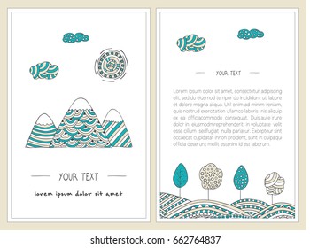 Doodle mountains, trees, sun and hills. Vertical banners set. Stylish, hand drawn illustrations. Vector templates in doodle style. Colorful, cartoon landscapes. Front and back page. Cards design.