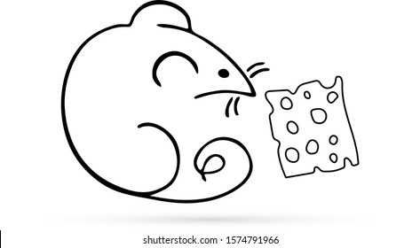 doodle mouse with cheese icon, kids hans drawing art line, vector illistration