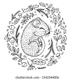 Doodle mouse is sleeping in the nest next to the branches leaves berries
