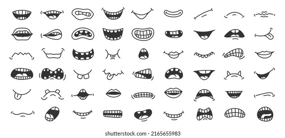 Doodle mouth. Funny cartoon pop art smile anger and scary face expression with teeth and tongue. Vector cute hand drawn isolated mouths set. Isolated character lips emotions as happiness, sadness