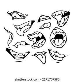 Doodle mouth. Funny cartoon pop art smile anger and scary face expression with teeth and tongue. Vector hand drawn isolated mouths set