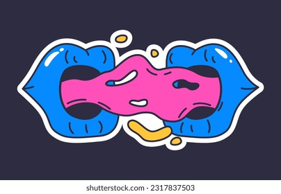 Doodle mouth patch. Psychedelic emoji, trendy lips sticker, groovy hallucination element flat vector illustration