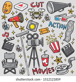 doodle movie icon set stock vector coloring illustration