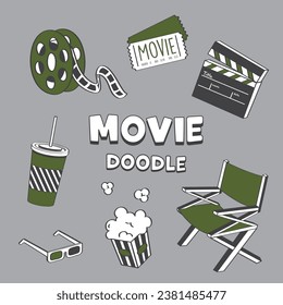 Doodle movie items. Hand drawing vector illustration of movie.